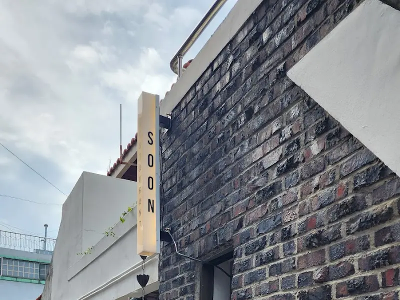 벽돌 건물의 외관에 세로로 세워진 'SOON' 간판