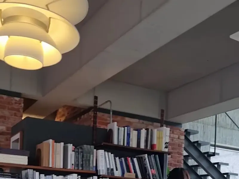 카페 천장에 설치된 독특한 디자인의 조명