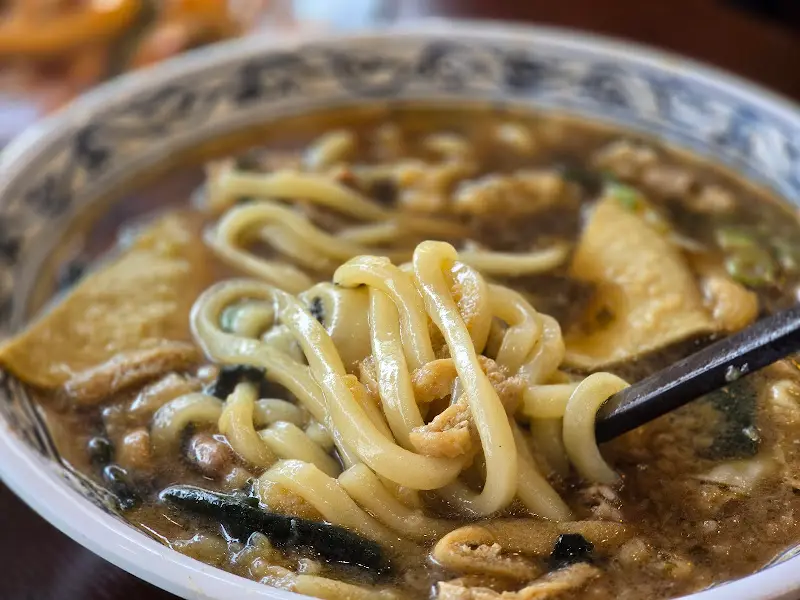 우동 면발을 젓가락으로 집어 올리는 모습