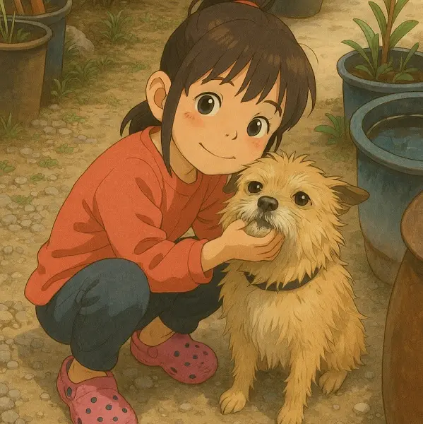 귀여운 소녀가 강아지를 쓰다듬고 있는 그림