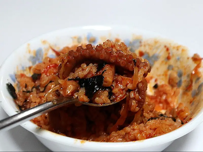 숟가락 위에 올려진 낙지볶음 비빔밥
