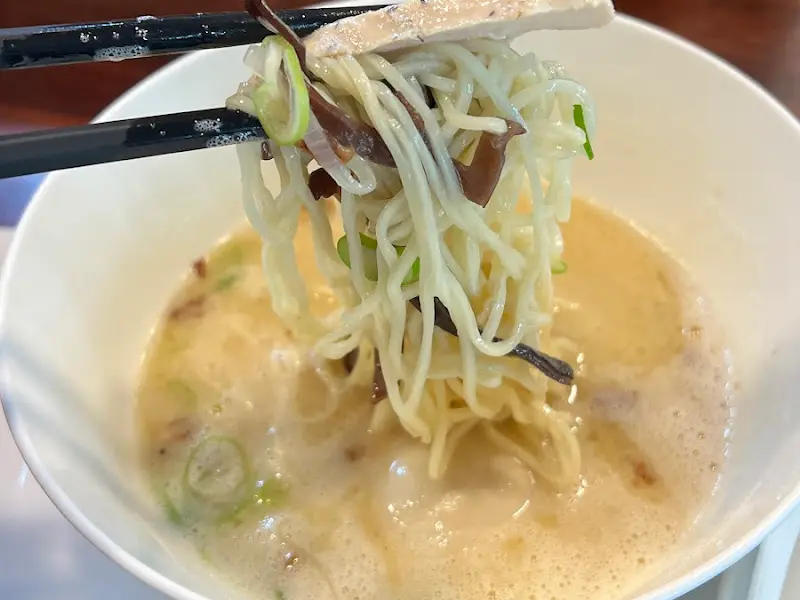 면과 토핑을 함께 들어올린 모습