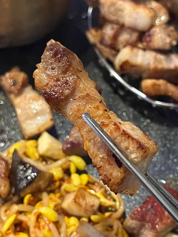 노릇하게 구워진 돼지고기 한 점을 젓가락으로 들어올린 클로즈업 샷