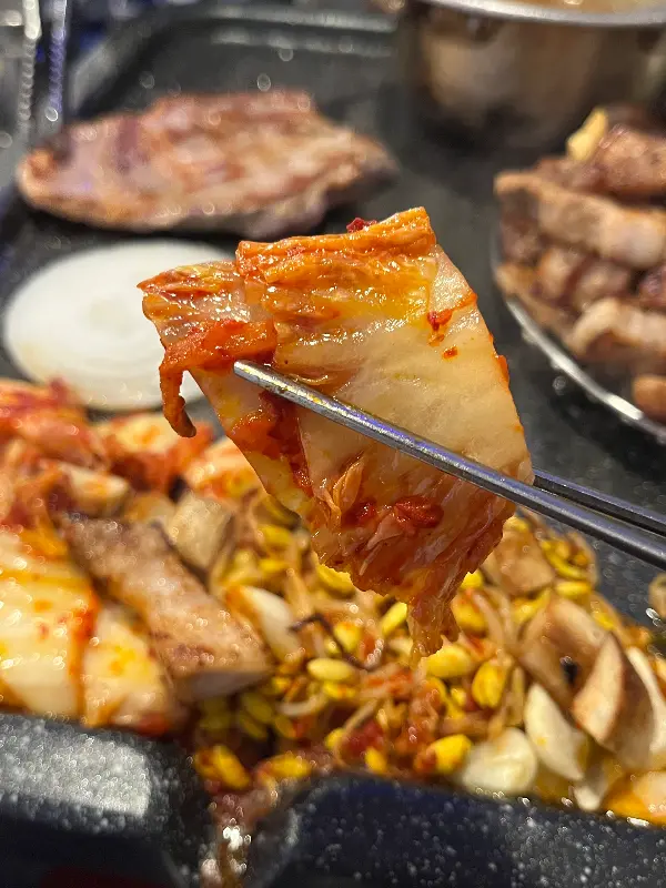 젓가락으로 집어 올린 김치의 클로즈업 샷