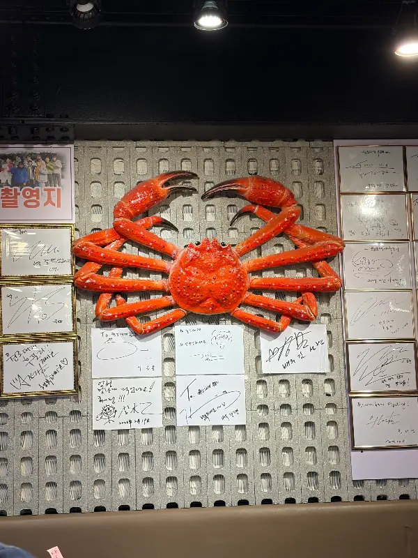 원조대게후포리의 벽면에 장식된 대게 모형과 방문객들의 후기