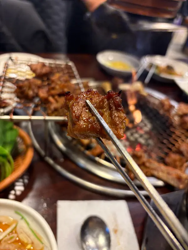 젓가락으로 집어 올린 돼지갈비