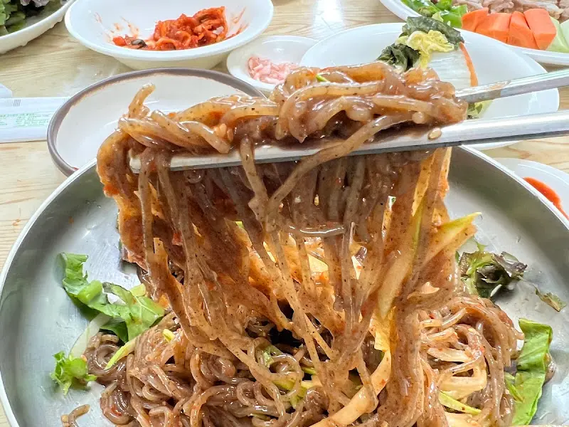 비빔 막국수를 젓가락으로 들어올린 모습