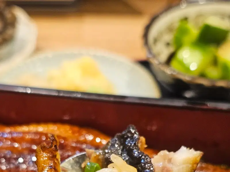 장어덮밥의 클로즈업 사진, 윤기가 흐르는 장어와 밥알이 인상적이다.