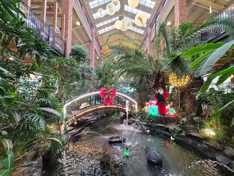 카페 내부의 인공 연못과 다리