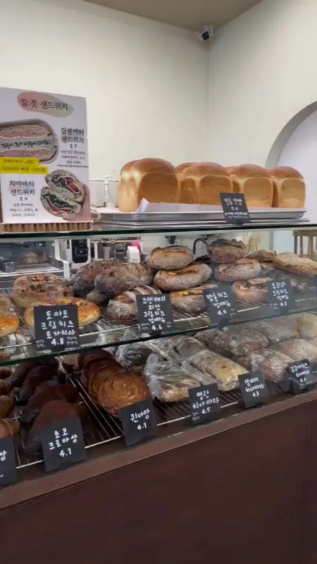 다양한 종류의 빵이 진열된 쇼케이스