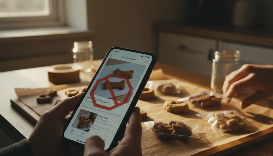 당근마켓 앱 실행 화면 위에 붉은색 경고 마크가 떠 있는 모습, 무허가 수제 개껌 판매 게시글이 차단된 스마트폰 화면 클로즈업