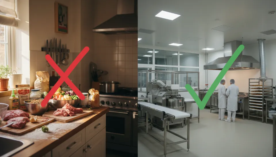 가정집 주방과 전문 사료 제조 시설을 비교한 이미지, 왼쪽은 어수선한 가정용 부엌에 붉은 X표시, 오른쪽은 위생적인 스테인리스 설비가 갖춰진 상업용 조리실에 녹색 체크 표시