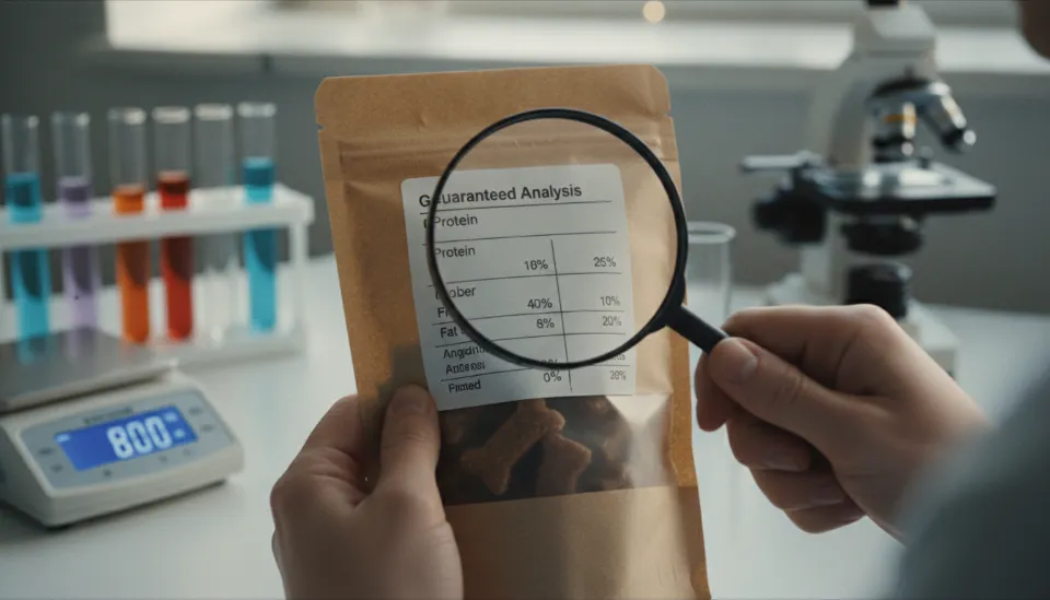 수제 강아지 간식 포장지 뒷면의 성분 등록표를 돋보기로 확대해 보는 모습, 조단백 및 조지방 함량 표기가 선명하게 보이며 배경에는 성분 분석 실험실 장비가 보임