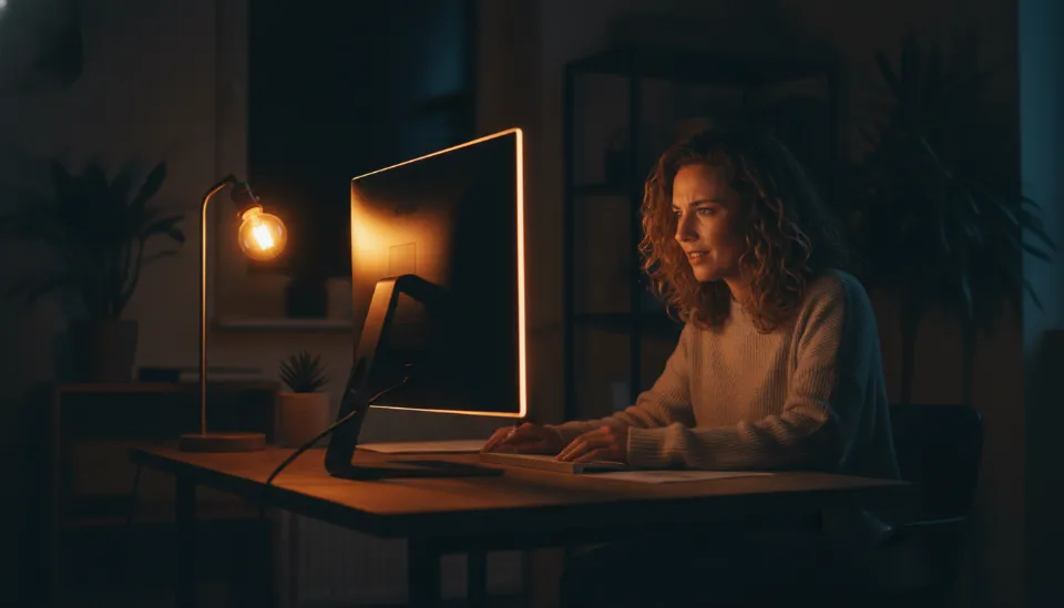 어두운 방 안에서 2000K 앰버 색상의 간접 조명이 모니터 뒤에서 은은하게 빛나며 1인 프리랜서의 집중력을 돕는 따뜻한 홈 오피스 인테리어 모습