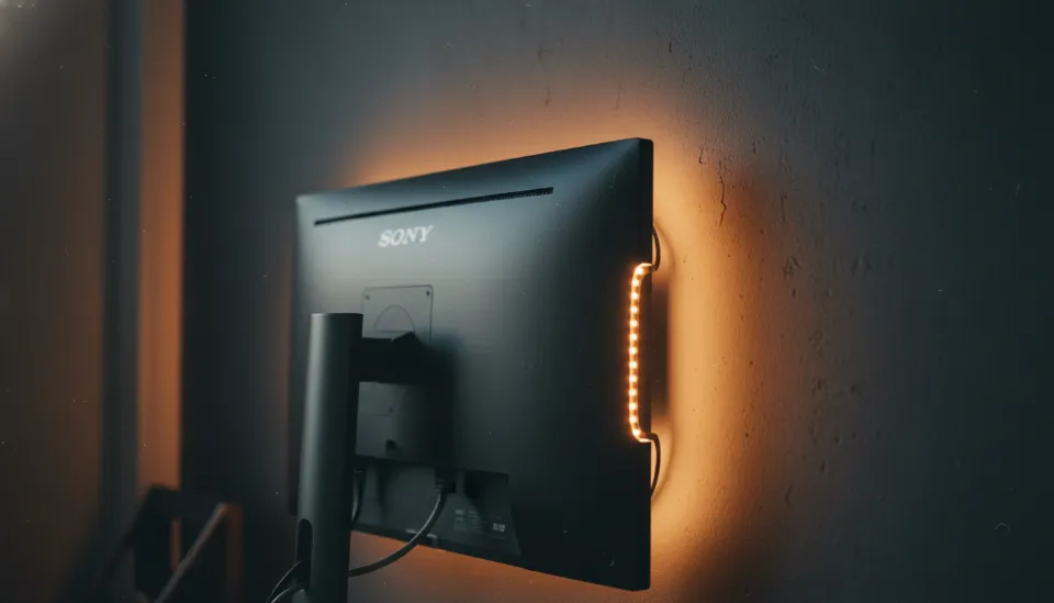모니터 후면에 부착된 스마트 LED 스트립 조명이 벽면에 따뜻한 주황빛 간접 조명을 비추어 눈의 피로를 줄여주는 바이어스 라이팅 설치 예시