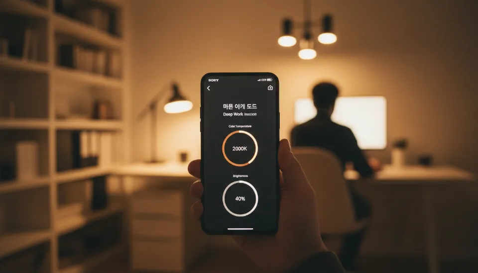 스마트폰 앱을 통해 딥 워크 모드를 실행하여 조명 색온도를 2000K로 조절하고 밝기를 40퍼센트로 설정하는 스마트홈 자동화 인터페이스 화면