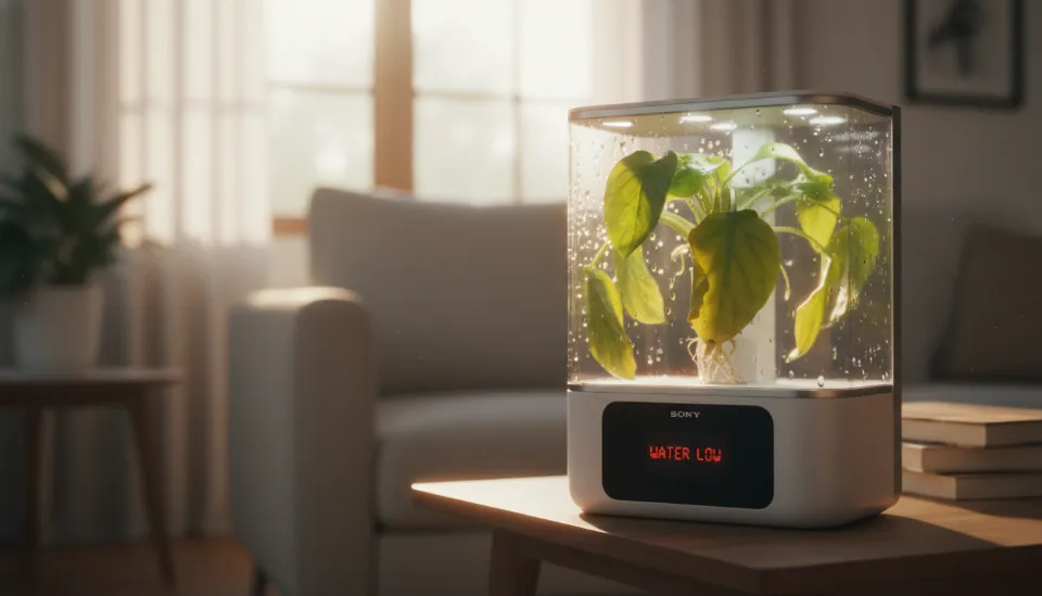 물 부족 알림이 떠 있는 최신 반자동 수경재배 키트 속에서 과습으로 잎이 노랗게 변해가는 식물의 모습과 홈가드닝 입문 실수를 보여주는 대비된 장면