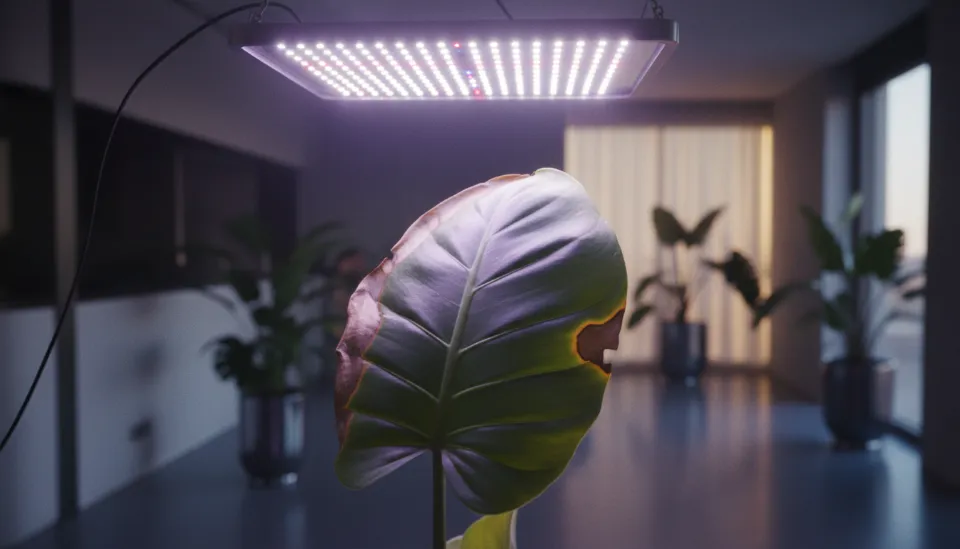 과도한 식물 LED 관리로 인해 잎 가장자리가 갈색으로 타버린 필로덴드론 잎의 확대 사진과 강렬한 인공 조명의 대비