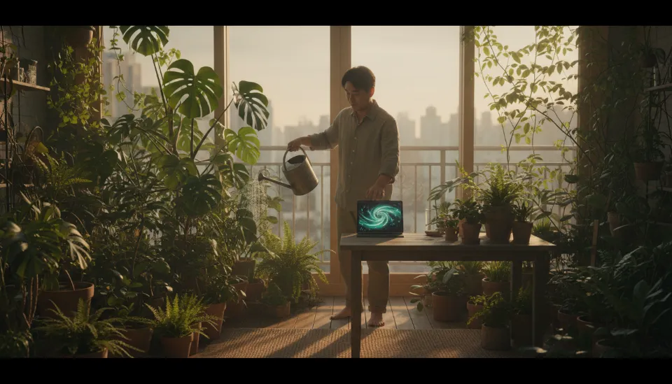 한국 아파트 베란다에 조성된 자연스러운 야생 정원에서 태블릿으로 데이터를 확인하며 직접 물을 주는 식집사의 모습과 아파트 야생 정원 만들기의 조화