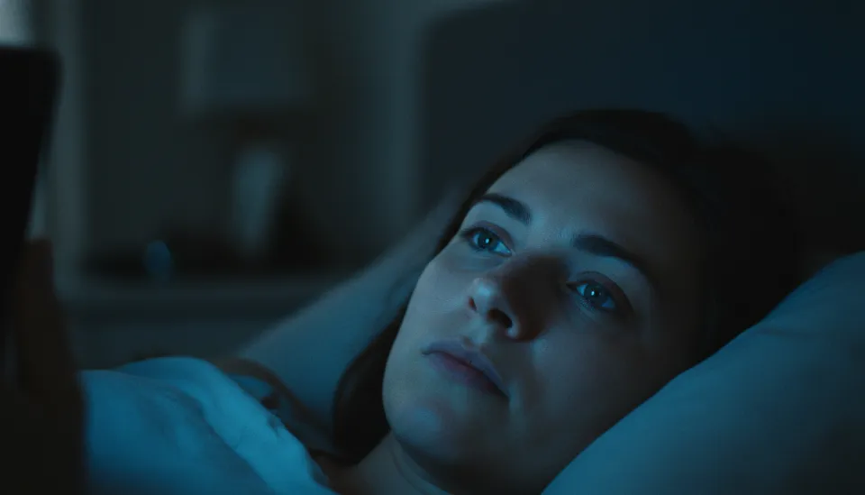 어두운 침실에서 스마트폰 블루라이트가 눈에 반사되어 멜라토닌 분비 기전을 방해하는 모습