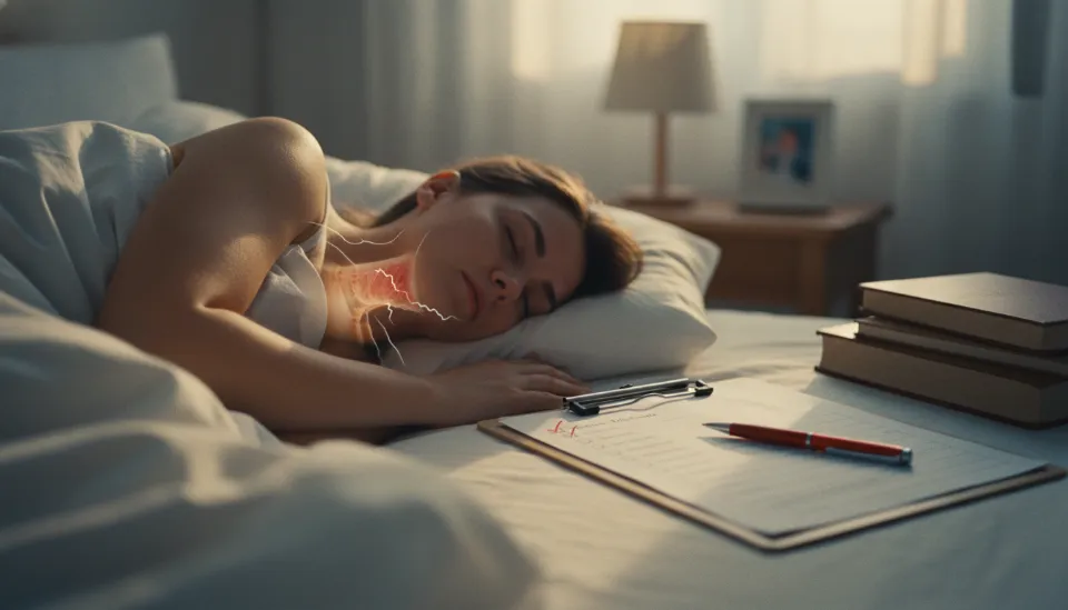 기도가 좁아져 발생하는 코골이와 수면 무호흡증 자가진단을 설명하는 의학적 일러스트레이션