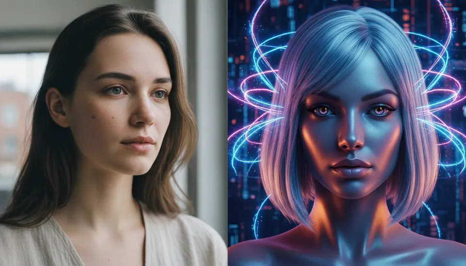 왼쪽의 실제 인간 모델과 오른쪽의 완벽한 대칭을 가진 AI 가상 모델을 비교하며, AI 모델 주변에 도파민 신경망이 활성화되는 모습을 시각화한 이미지