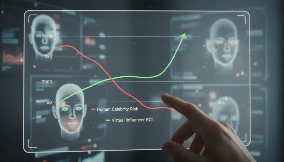 인간 유명인의 리스크 하락 그래프와 가상 인플루언서의 투자 수익률(ROI) 상승 그래프를 대비시켜 보여주는 미래지향적 마케팅 데이터 분석 대시보드
