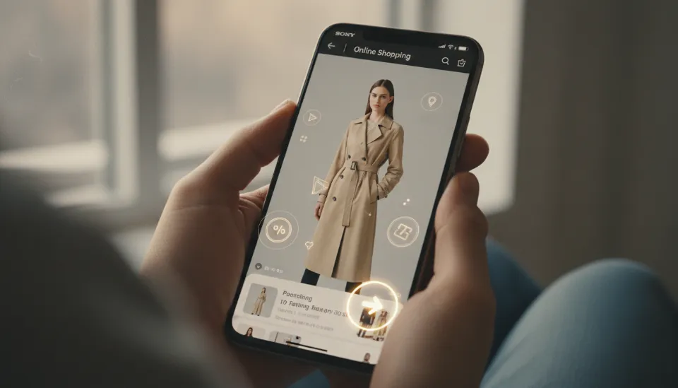 스마트폰 쇼핑 앱 화면에서 사용자의 얼굴이 트렌치코트를 입은 패션 모델의 몸에 자연스럽게 딥페이크로 합성되어 있고, 주변에 구매 버튼이 떠다니는 모습