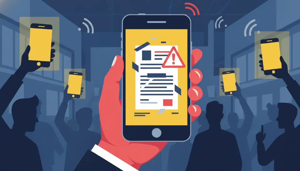 스마트폰 화면에 띄워진 흐릿한 기밀 문서 이미지와 그 위에 표시된 빨간색 경고 아이콘으로 통신사 리베이트 유출 사건을 묘사