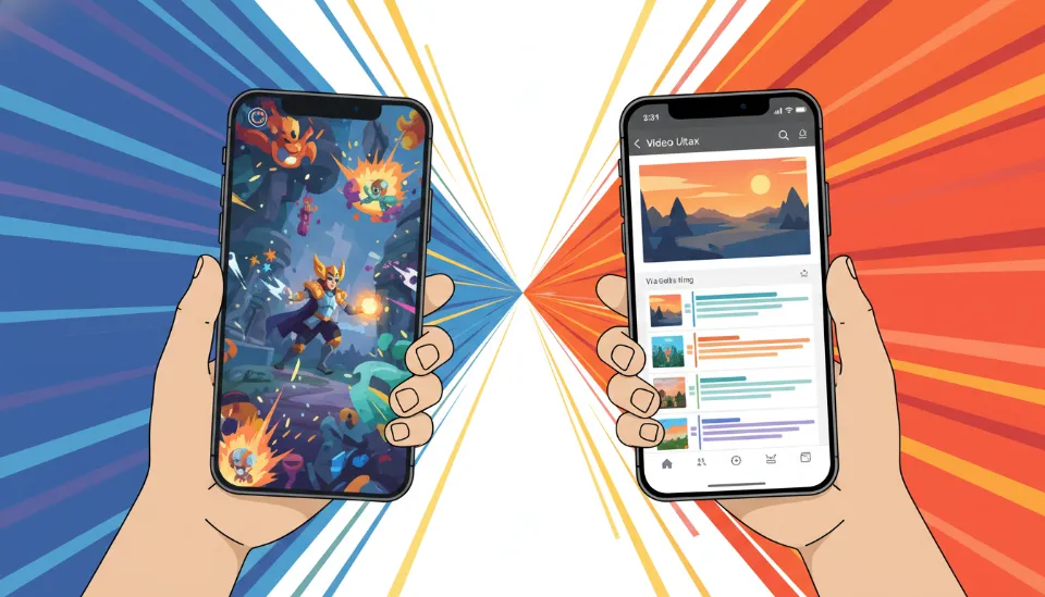 좌측에는 고사양 게임이 실행 중인 갤럭시 S26 울트라, 우측에는 영상 편집 중인 아이폰 17 프로 맥스를 배치하여 성능을 비교한 이미지