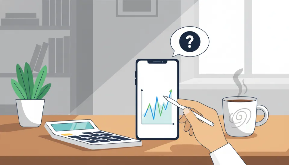 계산기와 가격 비교 그래프가 띄워진 스마트폰, 커피 한 잔이 놓인 책상 위를 묘사하여 현명한 소비 결정을 상징하는 이미지