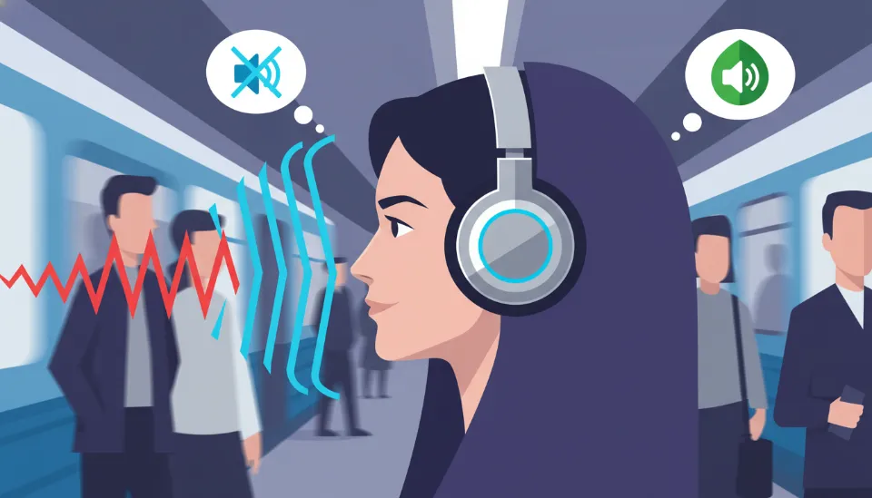 분주하고 흐릿한 배경의 미래지향적 지하철역 내에서 하이엔드 밀폐형 평면자력식 헤드폰을 착용하고 평온한 표정을 짓고 있는 사람의 측면 모습