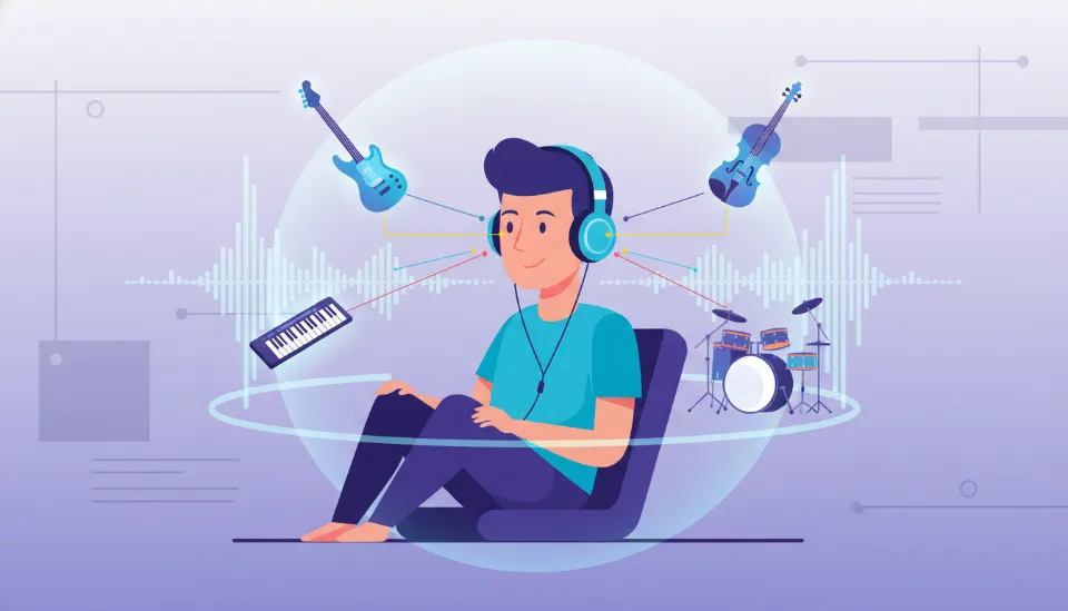 헤드폰을 쓴 청취자 주변으로 악기들의 위치가 3D로 매핑되어 빛나는 음파로 표현된 공간 오디오 기술의 예술적이고 추상적인 시각화 이미지