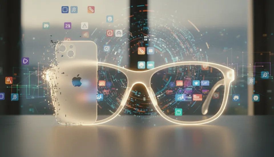 왼쪽의 흐릿해지는 아이폰 실루엣과 오른쪽의 선명하게 빛나는 애플 글래스가 대비되는 모바일 패러다임 전환의 시각적 묘사