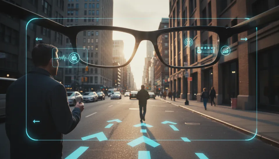 애플 글래스를 통해 바라본 도심 거리의 모습, 도로 위 증강현실 내비게이션 화살표와 실시간 번역 자막이 떠 있는 1인칭 시점