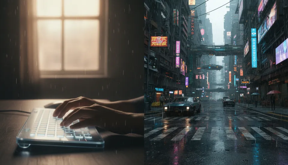 텍스트 프롬프트를 입력하자 실시간으로 생성되는 고화질 사이버펑크 도시의 3D 렌더링 과정과 빗방울의 물리적 디테일 묘사