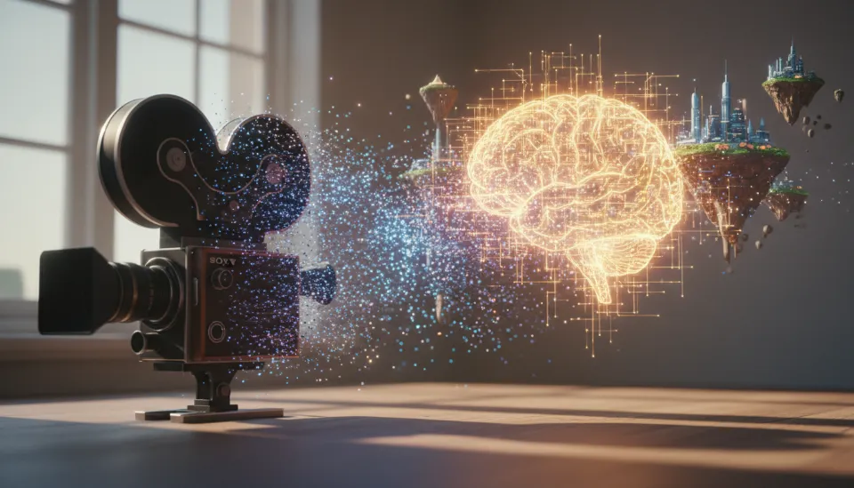 전통적인 영화 촬영 장비가 디지털 가루로 변하며 사라지고 그 배경에 AI가 생성한 환상적인 판타지 세계가 펼쳐지는 개념도