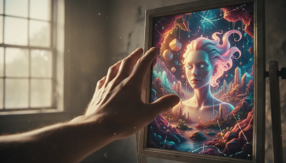 거울에 손을 뻗는 현실의 인간과 거울 속에 비친 왜곡되고 이상화된 디지털 아바타와 초현실적인 배경의 대비