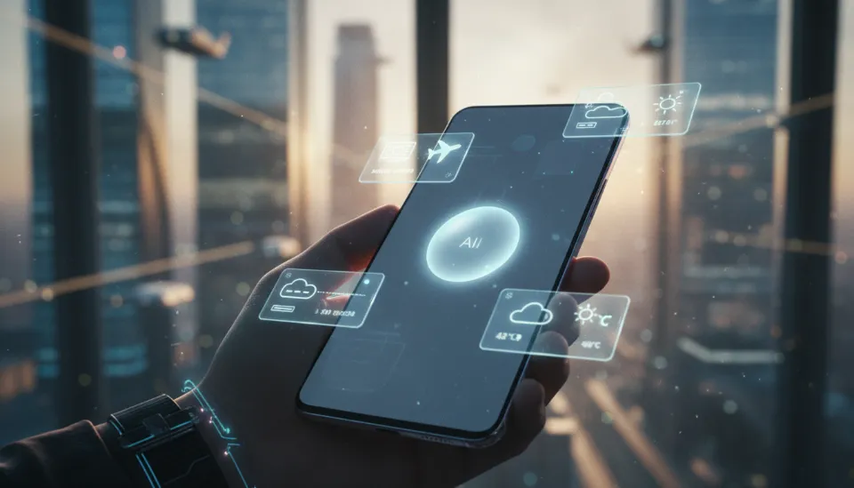 2026년형 스마트폰의 앱 아이콘이 없는 미니멀한 홈 화면과 중앙에서 빛나는 AI 에이전트 인터페이스가 항공권과 날씨 정보를 홀로그램으로 띄우는 모습