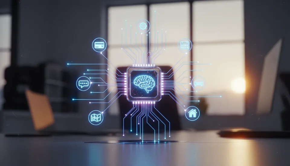 스마트폰 내부의 NPU 칩에서 실시간으로 처리되는 온디바이스 AI 데이터 흐름과 결제, 일정, 차량 호출 서비스가 신경망처럼 연결된 LAM 기술 시각화