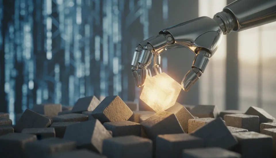 수많은 회색 큐브 중에서 빛나는 황금색 큐브 하나를 선택하는 AI 로봇 손, 2026년 기업 생존 전략인 AIO(AI 최적화)와 데이터 구조화의 중요성을 상징하는 일러스트