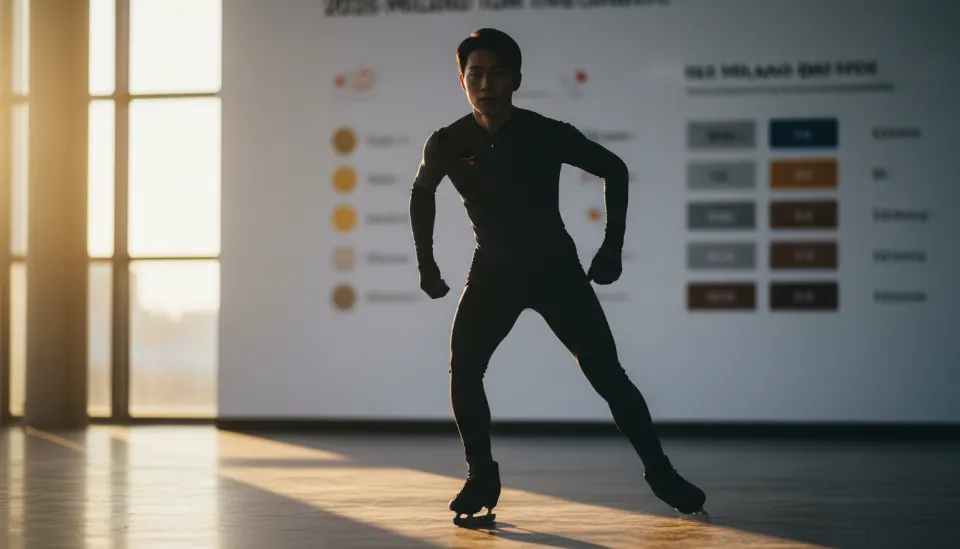 2026 밀라노 동계올림픽 메달 순위 집계표를 배경으로 태극마크를 단 대한민국 선수가 미래를 응시하며 서 있는 실루엣 이미지