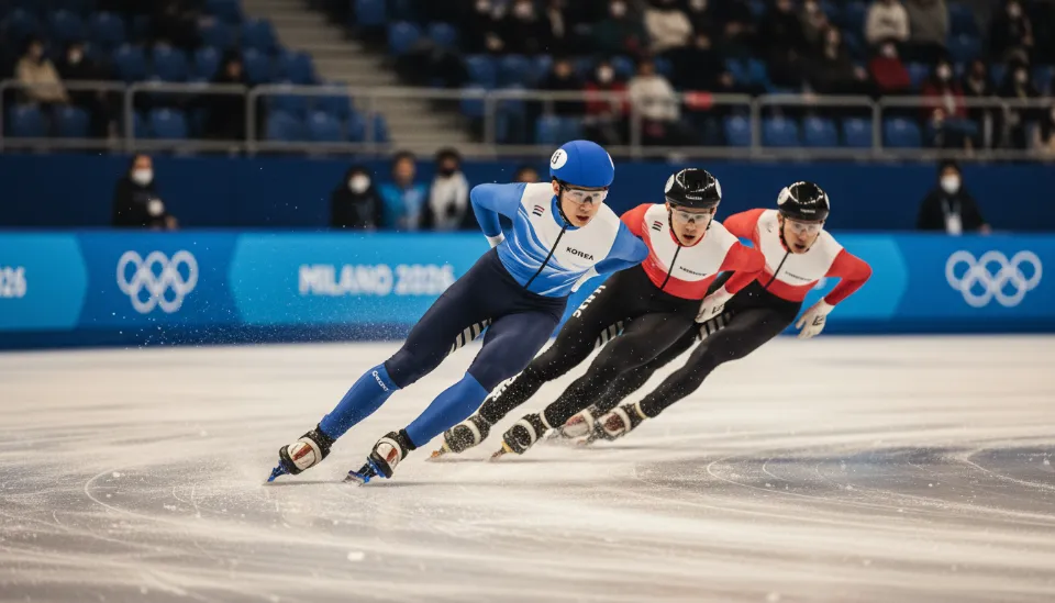 치열한 접전을 펼치고 있는 2026 밀라노 동계올림픽 쇼트트랙 경기 장면에서 한국 선수가 코너를 돌며 질주하는 역동적인 모습
