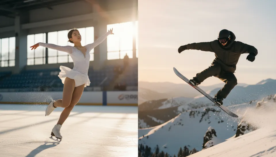 우아한 연기를 펼치는 한국 피겨 스케이팅 선수와 설원을 배경으로 고공 점프를 하는 스노보드 선수의 대비된 모습