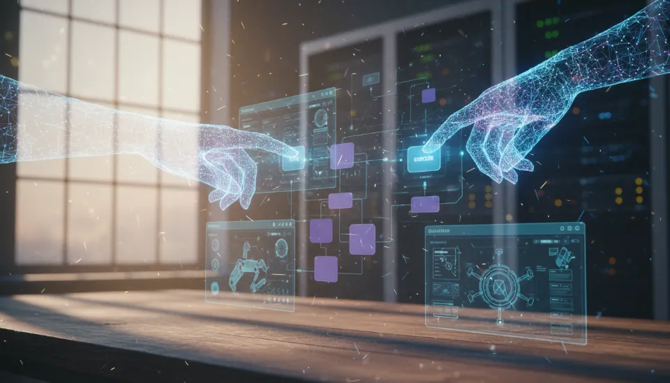 디지털 신경망이 소프트웨어 인터페이스의 버튼을 직접 조작하며 행동하는 거대 행동 모델(LAM)의 기술적 추상화 이미지