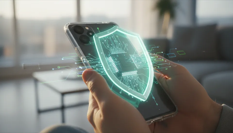 스마트폰 내부 칩셋 주변을 보호하는 방패 모양의 보안 잠금 장치와 데이터가 외부로 유출되지 않고 내부에서 처리되는 온디바이스 AI 보안 개념도