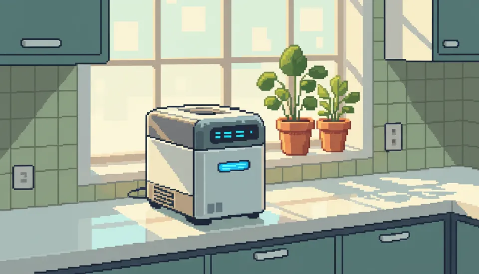 현대적이고 깔끔한 주방 조리대 위에 설치된 세련된 디자인의 가정용 음식물 처리기 이미지