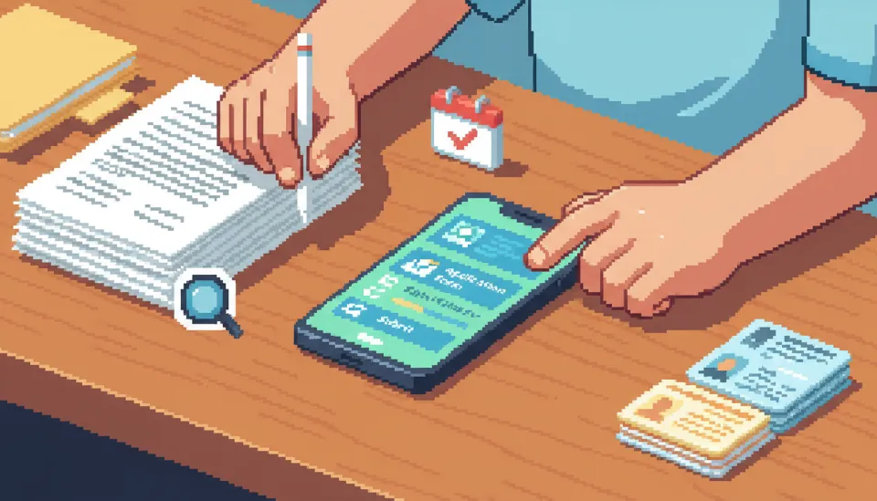 책상 위에 서류를 가지런히 정리하고 스마트폰 온라인 신청 시스템을 활용해 보조금을 신청하는 모습