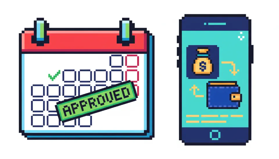 보조금 신청 승인 결과가 스마트폰 알림으로 도착하고 달력에 지급 예정일이 표시된 이미지