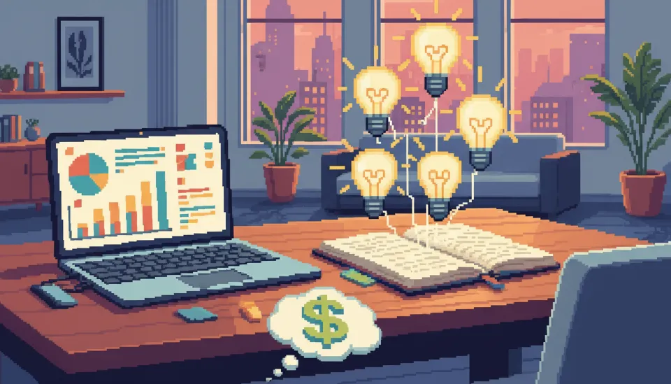 현대적인 사무실 책상 위에서 데이터 차트가 띄워진 노트북과 아이디어가 솟구치는 노트를 통해 직장인 1인 창업 아이템을 구상하는 모습